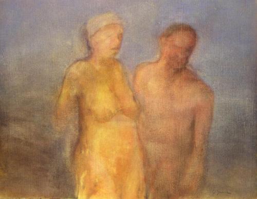 Couple debout sur une plage - acrylique sur toile 117 X 90 cm 2002