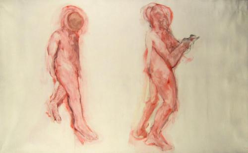 Deux personnages dont un avec masque - acrylique sur toile 125 X 206 cm 2001