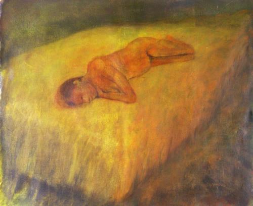 Figure sur un lit jaune - acrylique sur toile 118 X 100 cm 2005