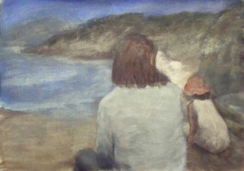 Femme et enfant sur une plage - acrylique sur toile 99 X 137 cm 2012